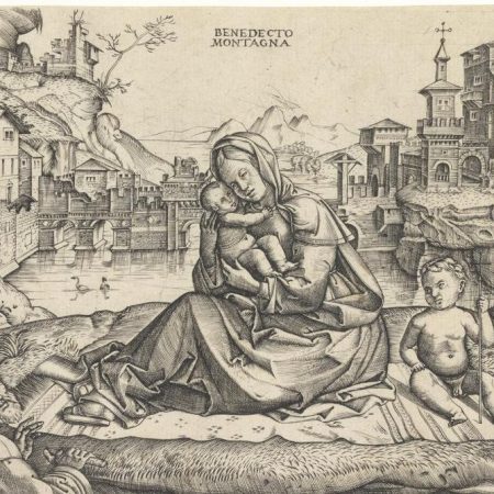 An image from the exhibition: The Holy Family with the infant St John in a landscape. Montagna, Benedetto, printmaker (Italian, c.1481-a.1558). Engraving, height, sheet, 144 mm, width, sheet, 210 mm, circa 1500- circa 1520. Copyright © The Fitzwilliam Museum